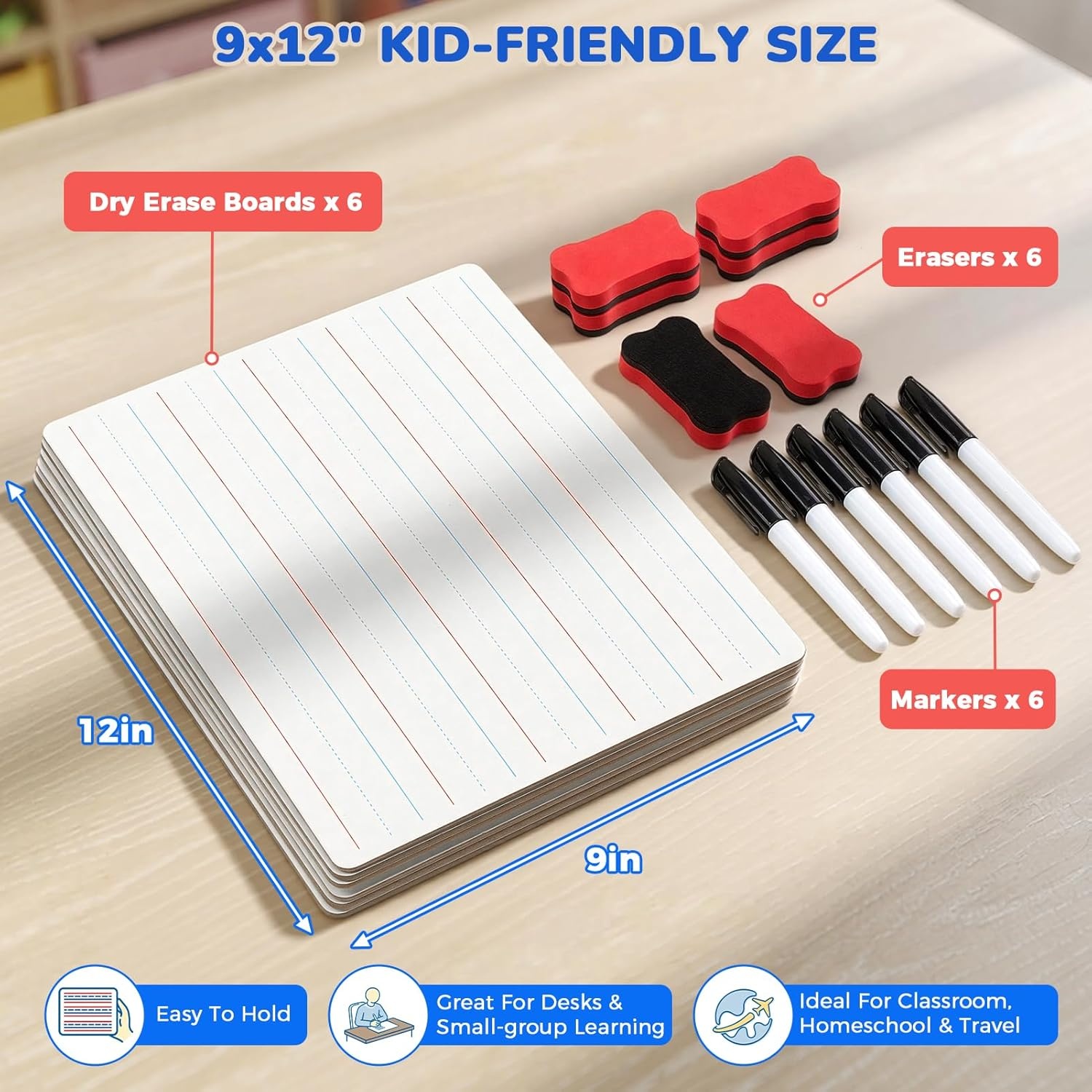 imageGAMENOTE 6 Pack Small Dry Erase Boards for Kids 9x12 DoubleSided Lined and Blank Whiteboards with Markers amp Erasers for Classroom and Homeschool Writing BoardLined Blank