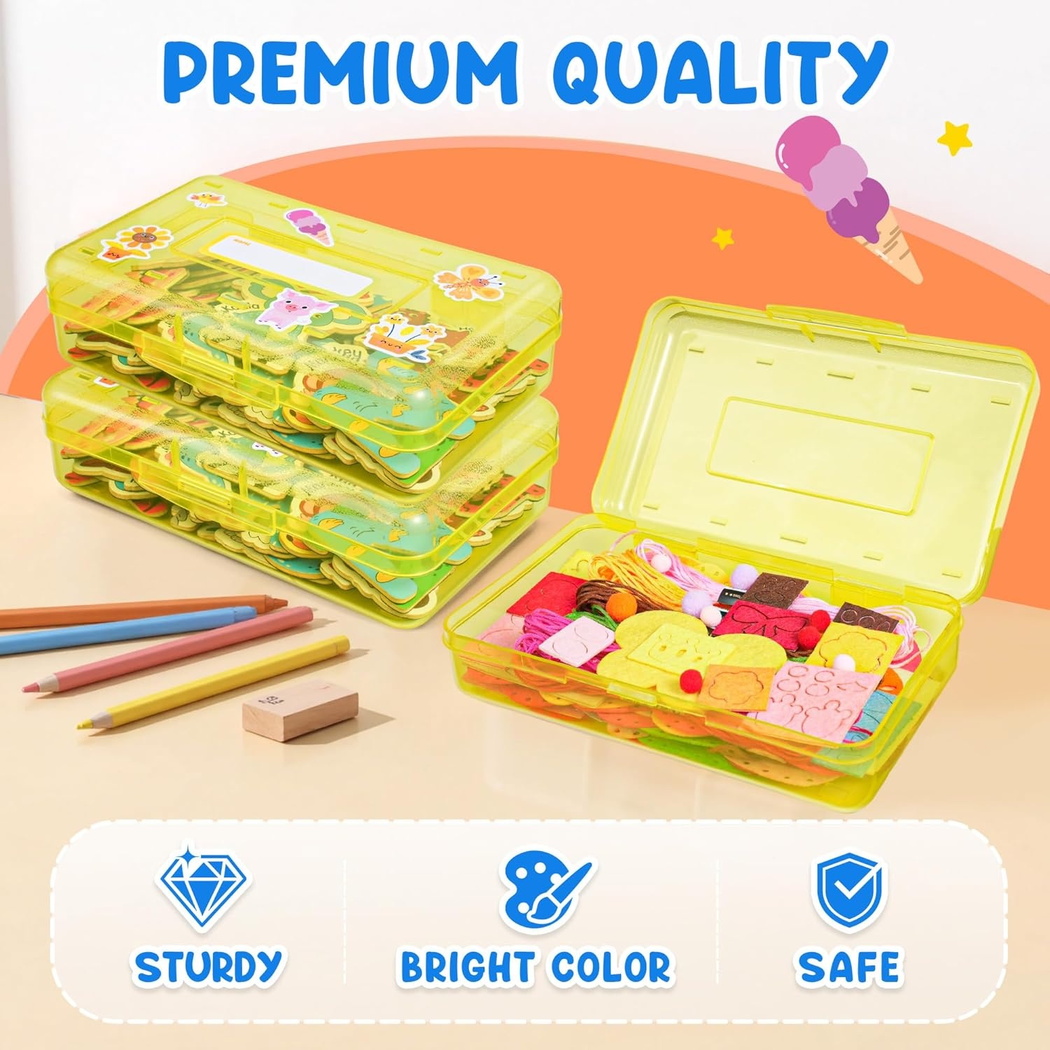 imageGAMENOTE Plastic Pencil Box with Personalized StickerKid Hard Pencil Case with Snaptight LidSmall Art Craft Storage ContainersSchool Supplies Box for BoysGirls BlueYellow