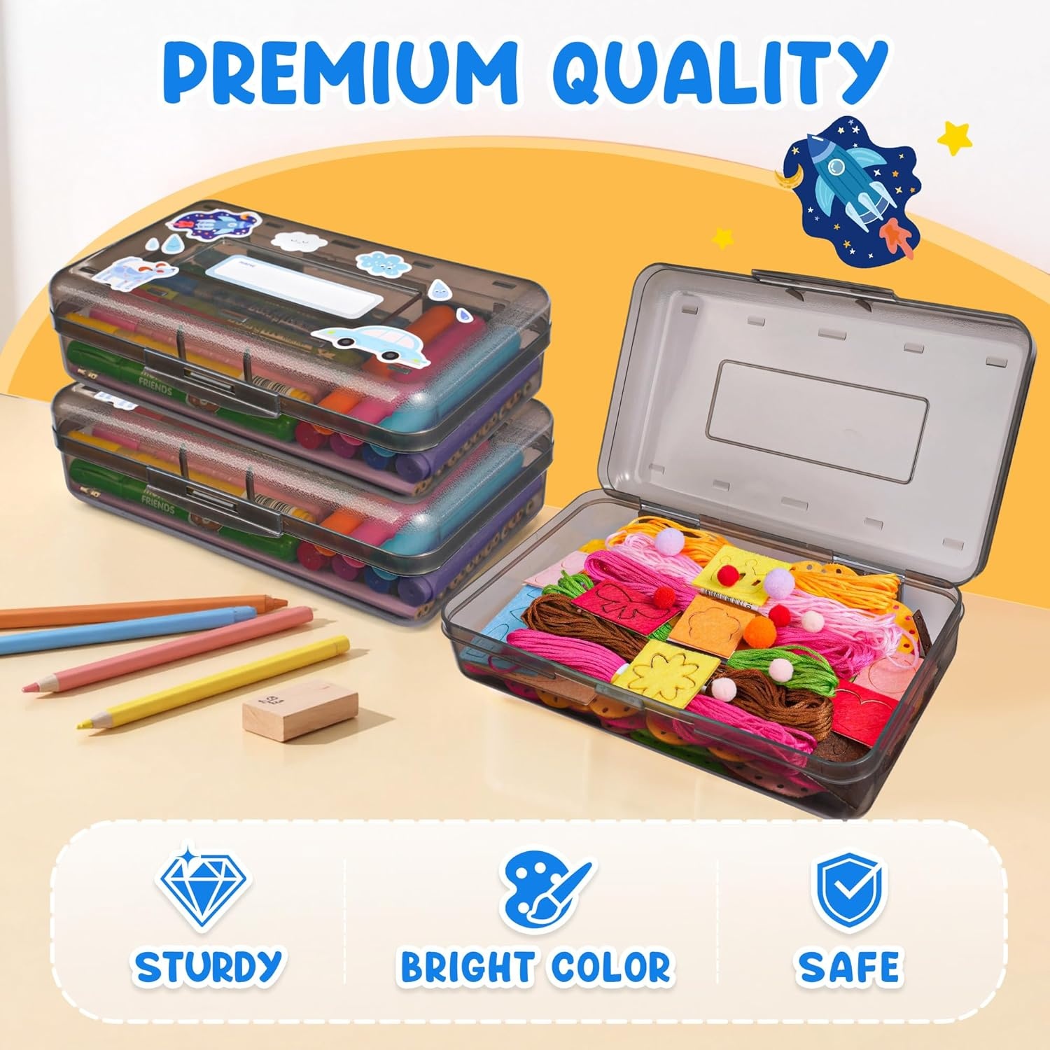 imageGAMENOTE Plastic Pencil Box with Personalized StickerKid Hard Pencil Case with Snaptight LidSmall Art Craft Storage ContainersSchool Supplies Box for BoysGirls BlueGrey
