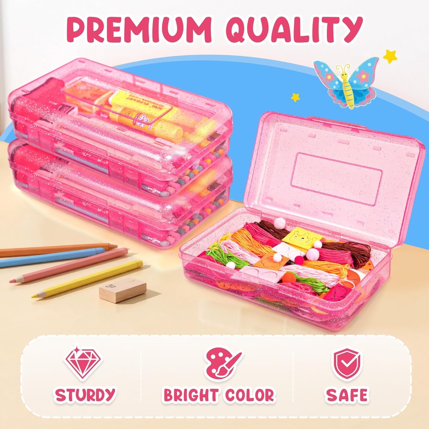 imageGAMENOTE Plastic Pencil Box with Personalized StickerKid Hard Pencil Case with Snaptight LidSmall Art Craft Storage ContainersSchool Supplies Box for BoysGirls BlueGlitter Pink