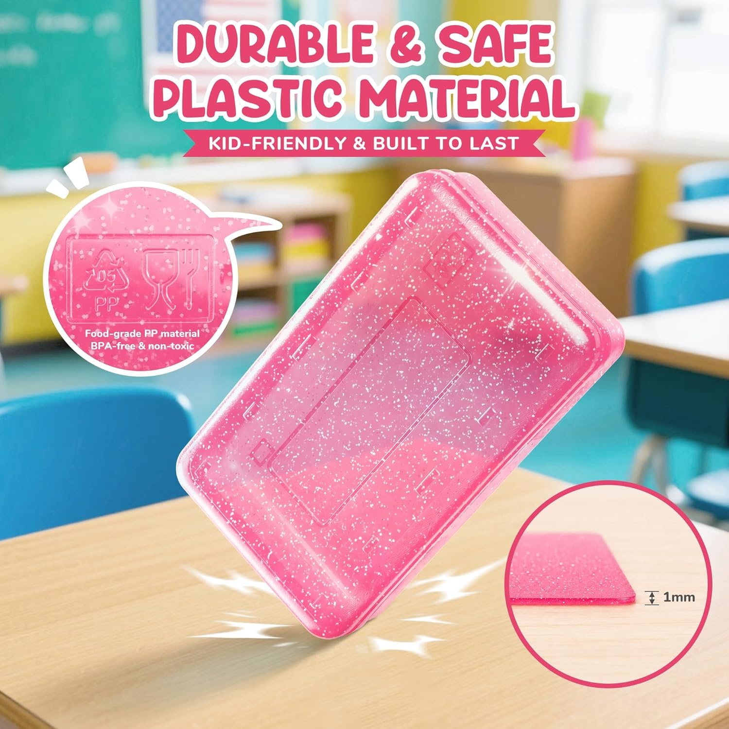 imageGAMENOTE Plastic Pencil Box with Personalized StickerKid Hard Pencil Case with Snaptight LidSmall Art Craft Storage ContainersSchool Supplies Box for BoysGirls BlueGlitter Pink