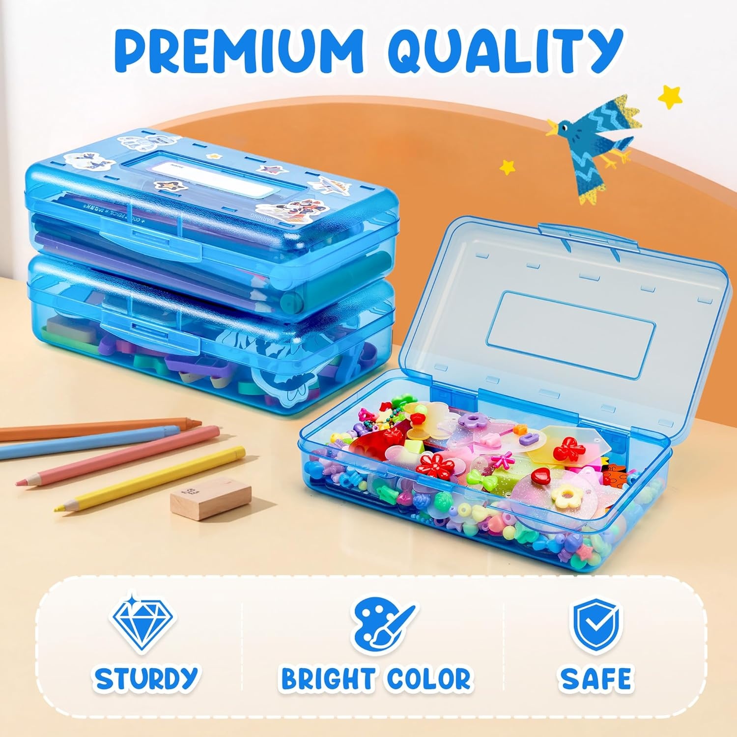 imageGAMENOTE Plastic Pencil Box with Personalized StickerKid Hard Pencil Case with Snaptight LidSmall Art Craft Storage ContainersSchool Supplies Box for BoysGirls BlueBlue