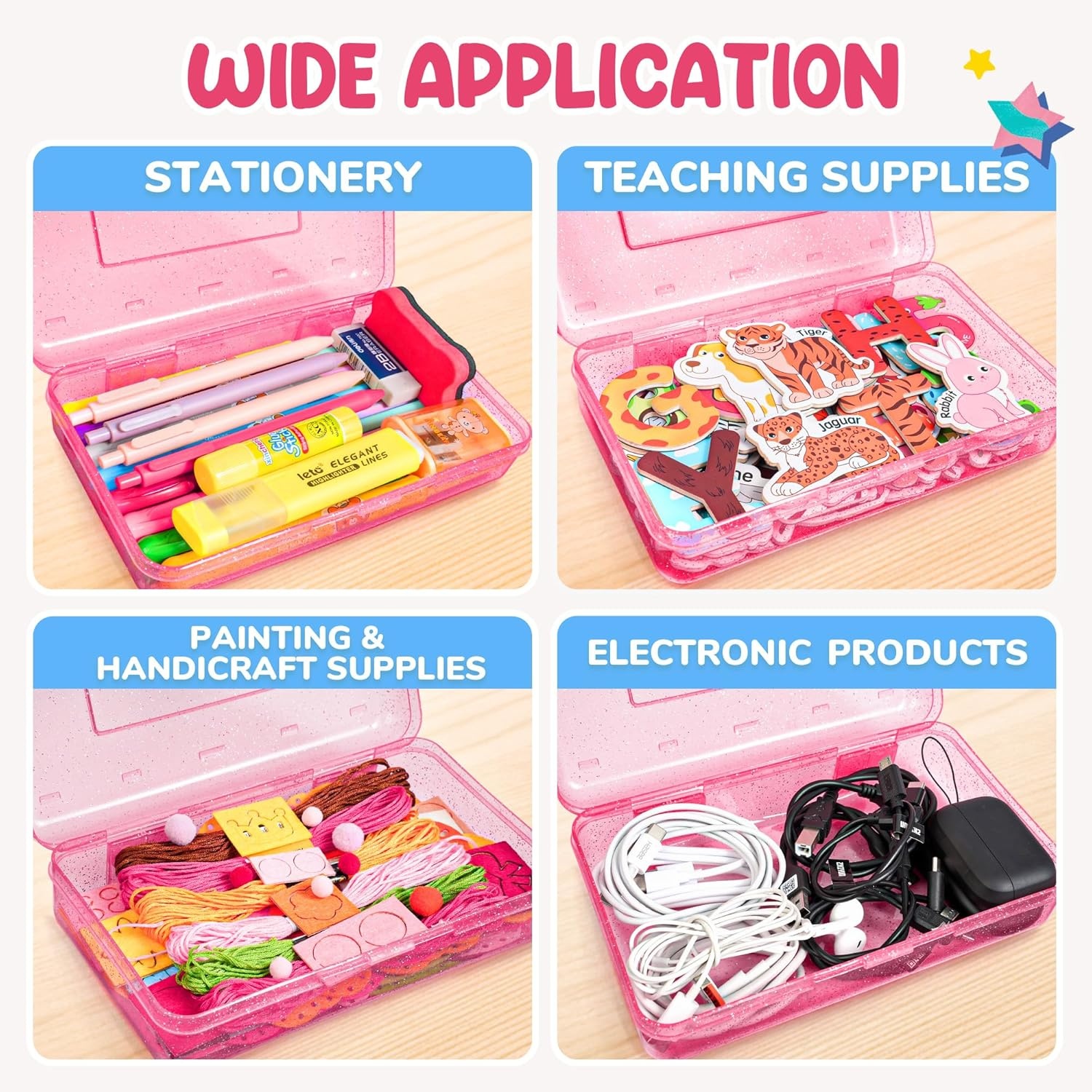 imageGAMENOTE Plastic Pencil Box with Personalized StickerKid Hard Pencil Case with Snaptight LidSmall Art Craft Storage ContainersSchool Supplies Box for BoysGirls BlueGlitter Pink