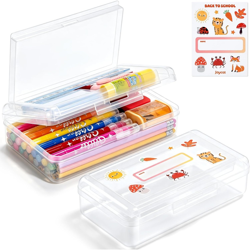 imageGAMENOTE Double Layer Pencil Box Hard Plastic Case with Latch Large Art Storage Organizer for Kids Crayon Marker Pen Holder with Stickers DoubleLayer BlueDoubleLayer Clear