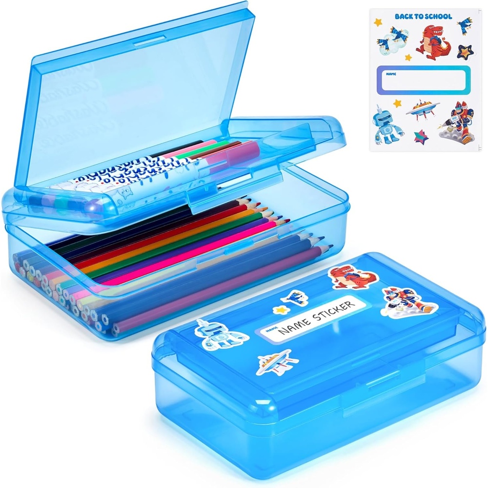 imageGAMENOTE Double Layer Pencil Box Hard Plastic Case with Latch Large Art Storage Organizer for Kids Crayon Marker Pen Holder with Stickers DoubleLayer BlueDoubleLayer Blue