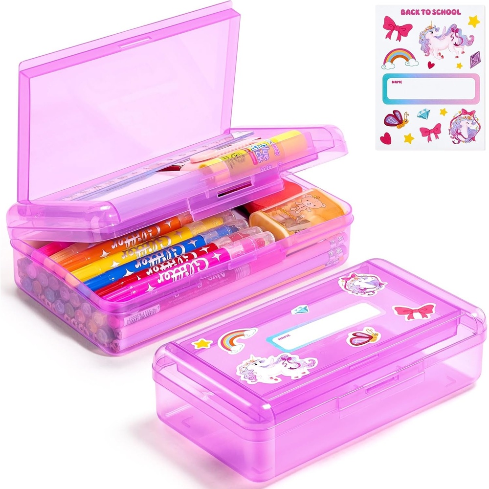 imageGAMENOTE Double Layer Pencil Box Hard Plastic Case with Latch Large Art Storage Organizer for Kids Crayon Marker Pen Holder with Stickers DoubleLayer BlueDoubleLayer Purple