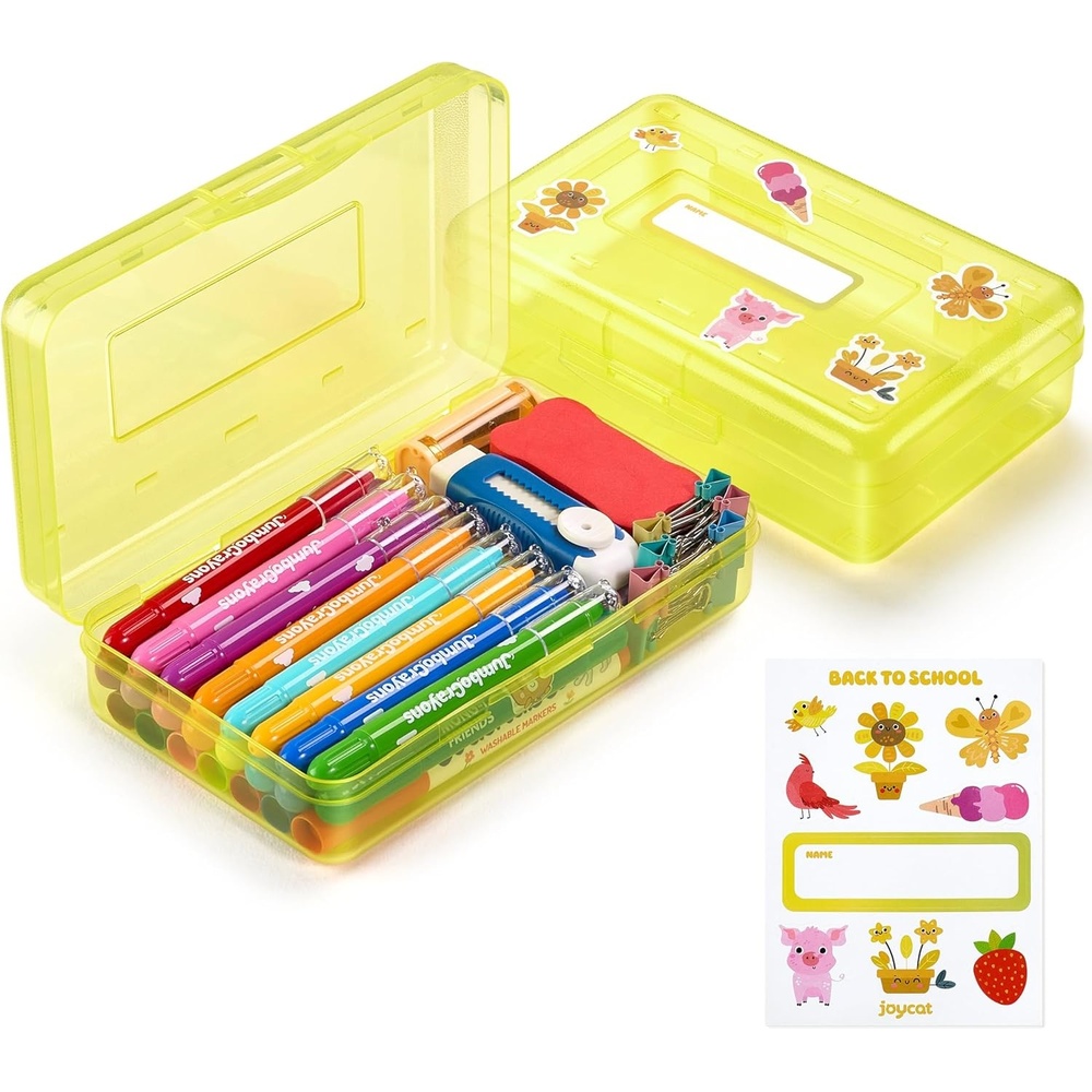 imageGAMENOTE Plastic Pencil Box with Personalized StickerKid Hard Pencil Case with Snaptight LidSmall Art Craft Storage ContainersSchool Supplies Box for BoysGirls BlueYellow