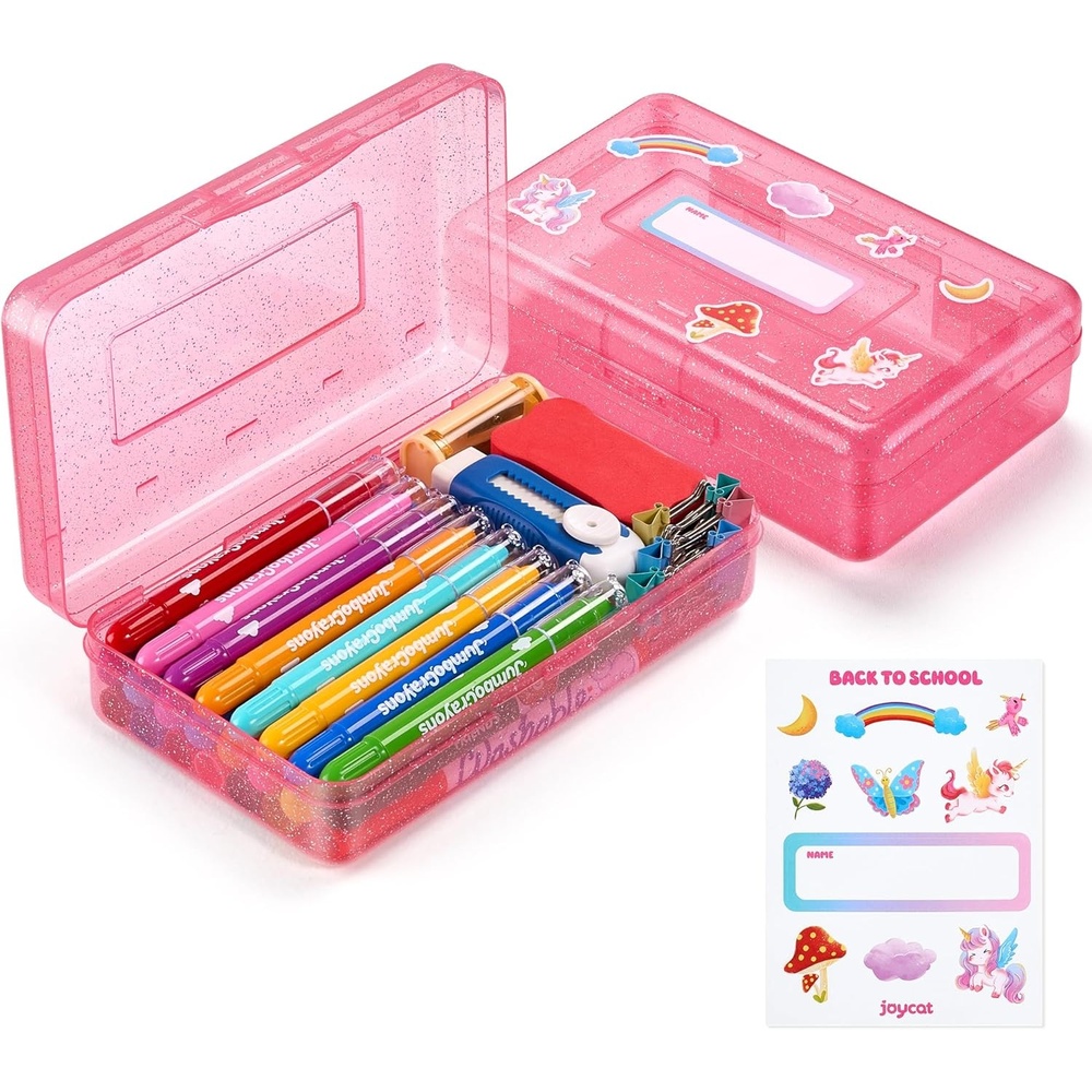 imageGAMENOTE Plastic Pencil Box with Personalized StickerKid Hard Pencil Case with Snaptight LidSmall Art Craft Storage ContainersSchool Supplies Box for BoysGirls BlueGlitter Pink