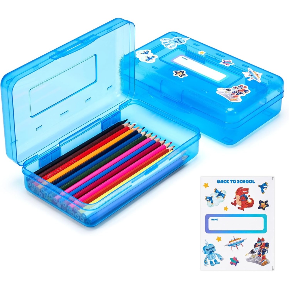 imageGAMENOTE Plastic Pencil Box with Personalized StickerKid Hard Pencil Case with Snaptight LidSmall Art Craft Storage ContainersSchool Supplies Box for BoysGirls BlueBlue