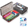 GAMENOTE Plastic Pencil Box with Personalized Sticker,Kid Hard Pencil Case with Snap-tight Lid,Small Art Craft Storage Containers,School Supplies Box for Boys,Girls (Blue)(Grey)