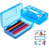 GAMENOTE Plastic Pencil Box with Personalized Sticker,Kid Hard Pencil Case with Snap-tight Lid,Small Art Craft Storage Containers,School Supplies Box for Boys,Girls (Blue)(Blue)
