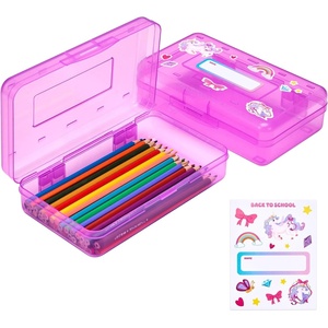 GAMENOTE Plastic Pencil Box with Personalized Sticker,Kid Hard Pencil Case with Snap-tight Lid,Small Art Craft Storage Containers,School Supplies Box for Boys,Girls (Blue)(Purple)