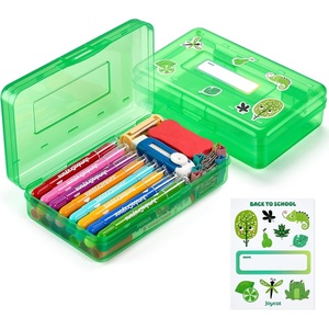 GAMENOTE Plastic Pencil Box with Personalized Sticker,Kid Hard Pencil Case with Snap-tight Lid,Small Art Craft Storage Containers,School Supplies Box for Boys,Girls (Blue)(Green)