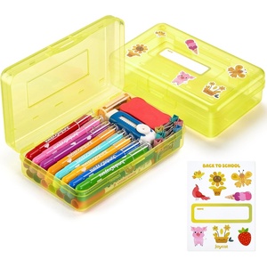 GAMENOTE Plastic Pencil Box with Personalized Sticker,Kid Hard Pencil Case with Snap-tight Lid,Small Art Craft Storage Containers,School Supplies Box for Boys,Girls (Blue)(Yellow)