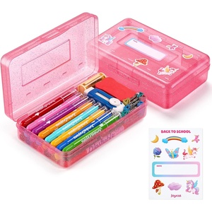 GAMENOTE Plastic Pencil Box with Personalized Sticker,Kid Hard Pencil Case with Snap-tight Lid,Small Art Craft Storage Containers,School Supplies Box for Boys,Girls (Blue)(Glitter Pink)