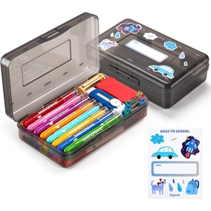 GAMENOTE Plastic Pencil Box with Personalized Sticker,Kid Hard Pencil Case with Snap-tight Lid,Small Art Craft Storage Containers,School Supplies Box for Boys,Girls (Blue)(Grey)
