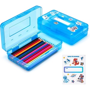 GAMENOTE Plastic Pencil Box with Personalized Sticker,Kid Hard Pencil Case with Snap-tight Lid,Small Art Craft Storage Containers,School Supplies Box for Boys,Girls (Blue)(Blue)