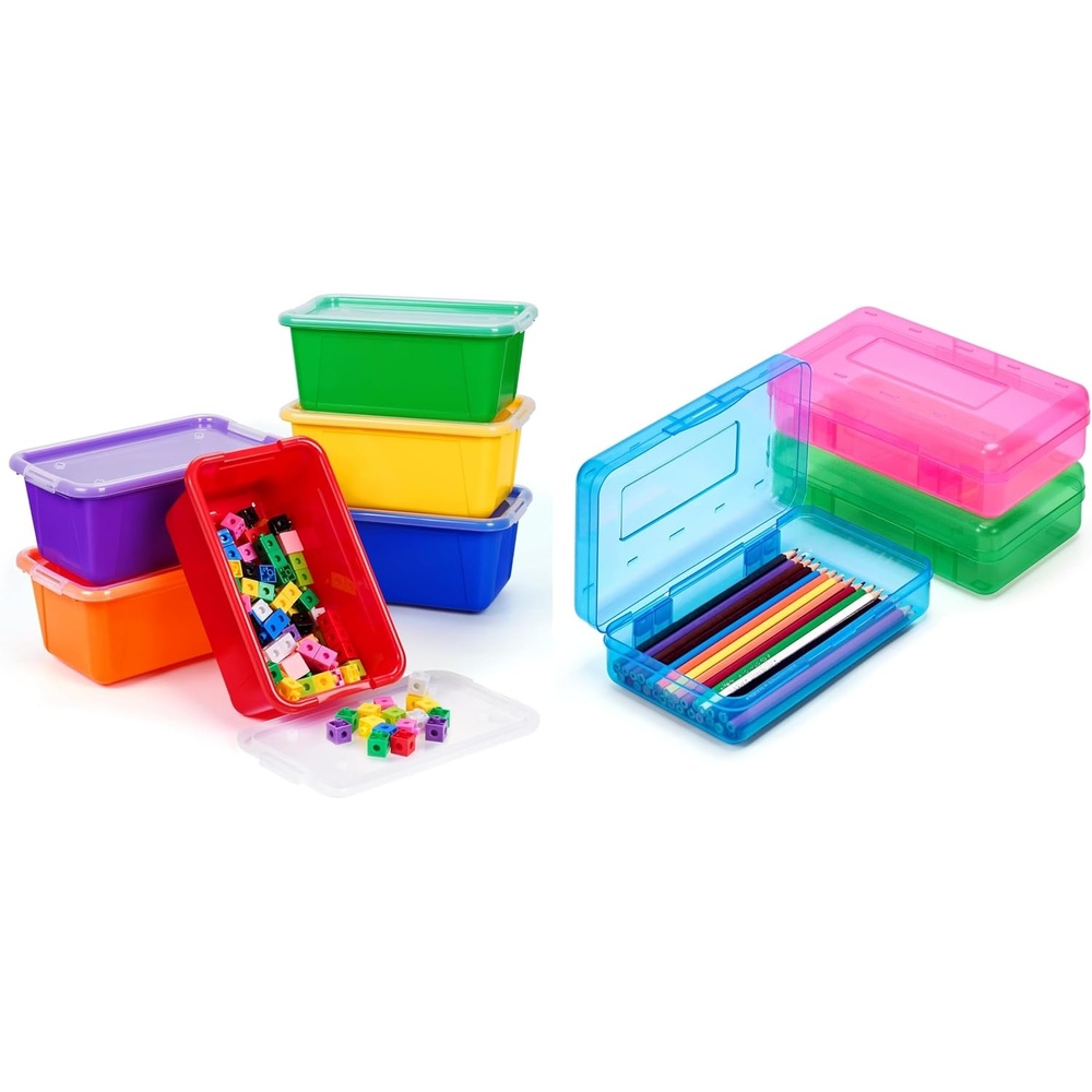 image:imageGAMENOTE Colored Plastic Storage Bins with LidsKids Large Hard Pencil Case with Snaptight LidStorage Box for Classroom