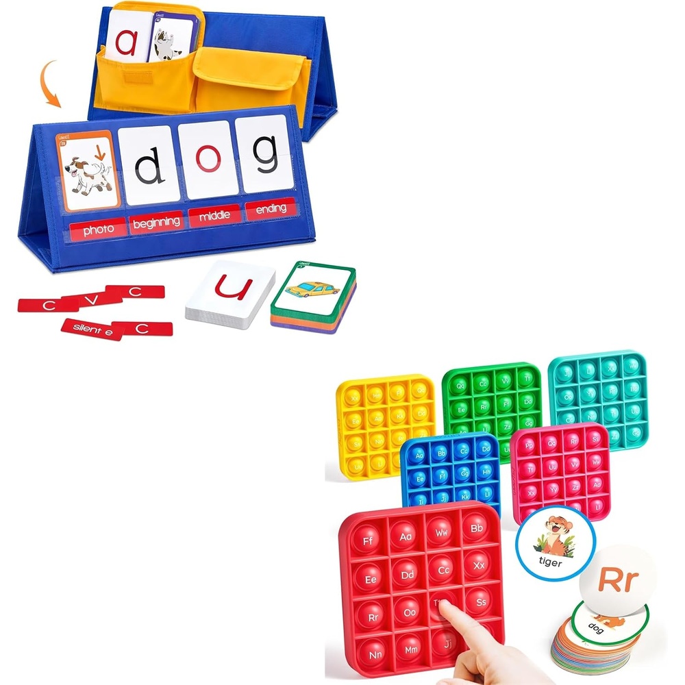 image:imageWord Building Desktop Pocket Chart Tent Flash Cards Kit Alphabet Bingo Game CVC Words Phonics Games Blending Board for Kindergarten Reading and Spelling
