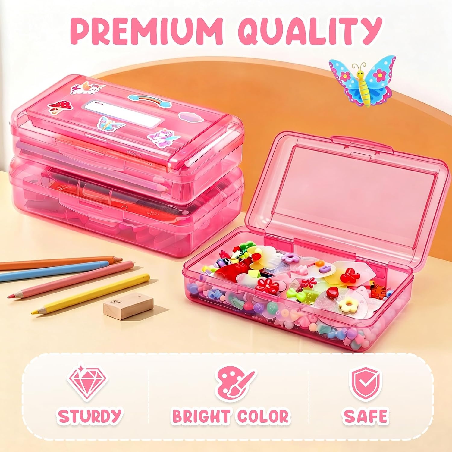 image:imageGAMENOTE Plastic Pencil Box with Personalized StickerKid Hard Pencil Case with Snaptight LidSmall Art Craft Storage ContainersSchool Supplies Box for BoysGirls BlueGreenPink 3PackDoubleLayer Pink