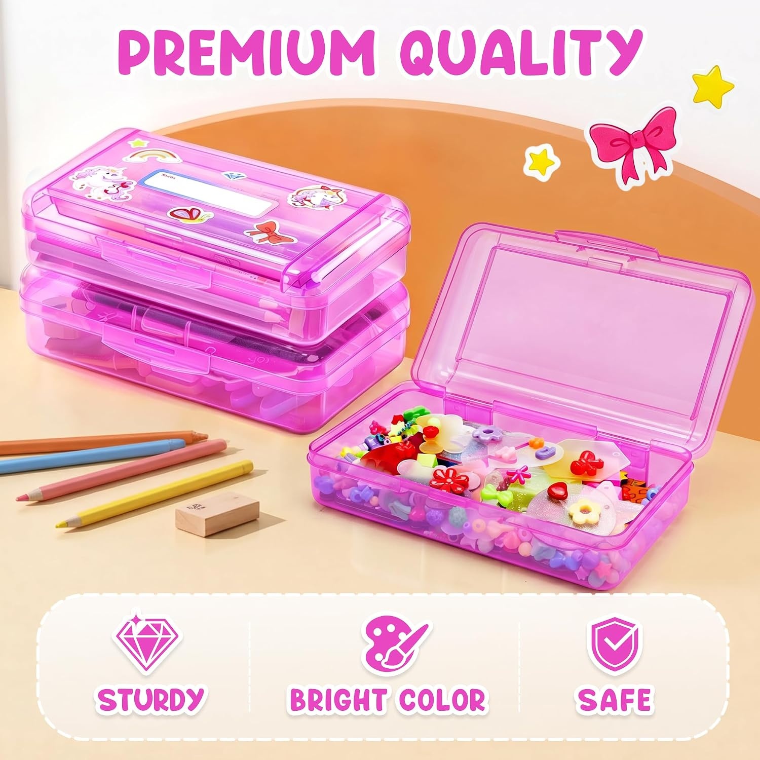 image:imageGAMENOTE Plastic Pencil Box with Personalized StickerKid Hard Pencil Case with Snaptight LidSmall Art Craft Storage ContainersSchool Supplies Box for BoysGirls BlueGreenPink 3PackDoubleLayer Purple