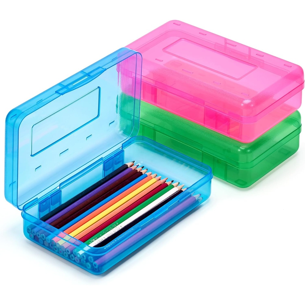 image:imageGAMENOTE Plastic Pencil Box with Personalized StickerKid Hard Pencil Case with Snaptight LidSmall Art Craft Storage ContainersSchool Supplies Box for BoysGirls BlueGreenPink 3PackBlueGreenPink3Pack